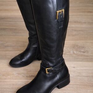 Ralph Lauren Black Leather  Knee  High Boots with Gold Buckle